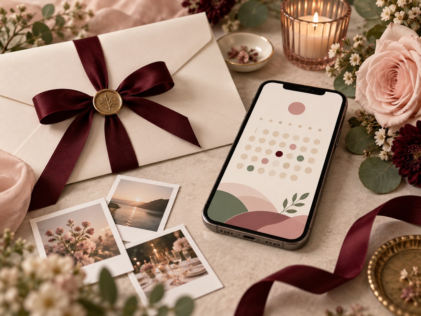 Calendrier digital pour un événement privé présenté sur smartphone avec souvenirs et papeterie