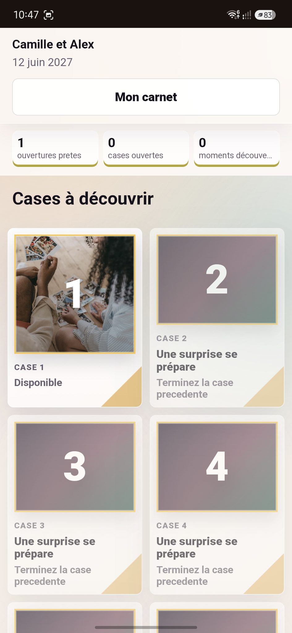 Grille des cases d'un calendrier digital mariage