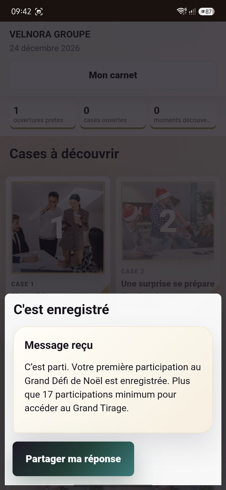 Message reçu après participation au calendrier de Noël