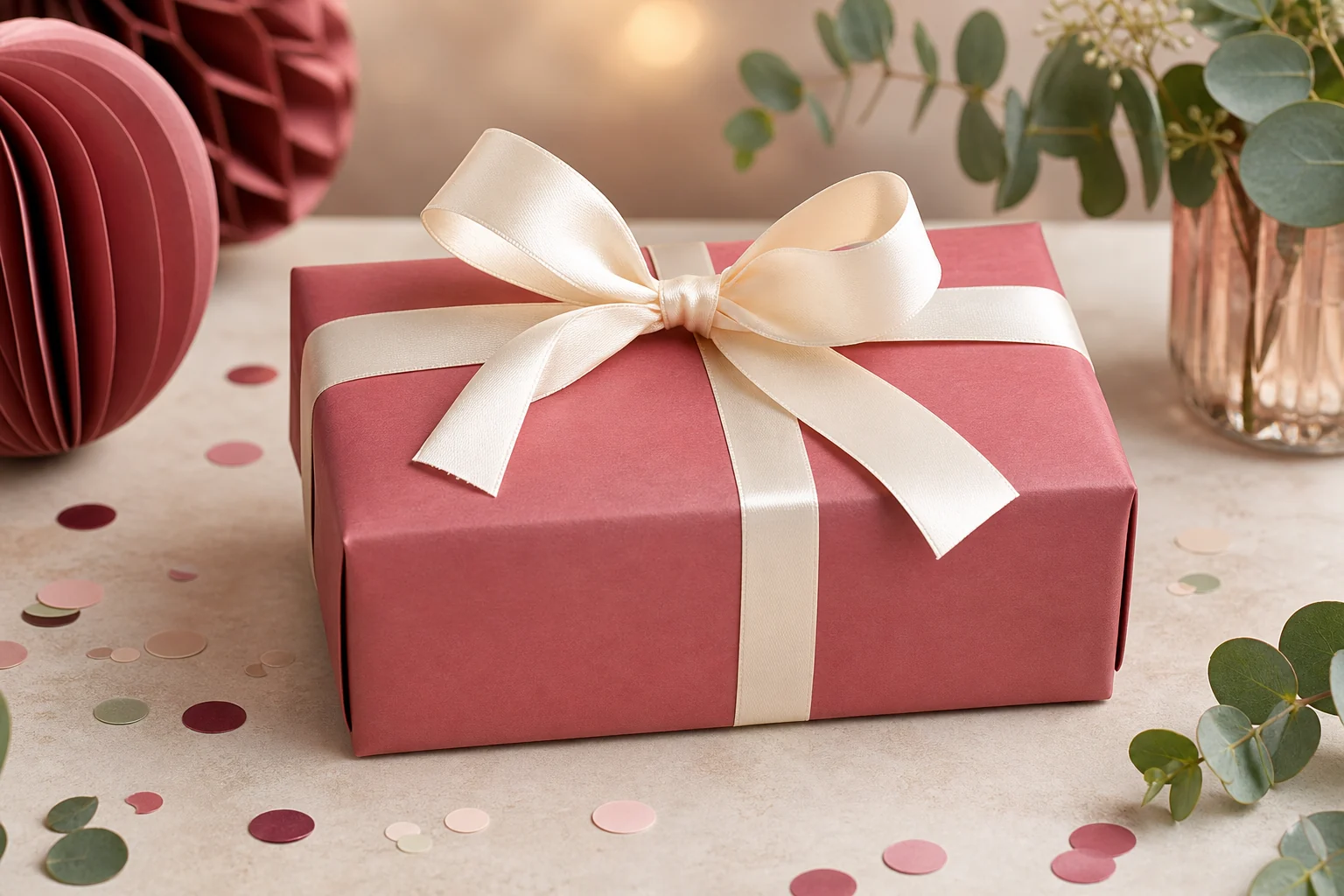 Cadeau rose noué d'un ruban ivoire