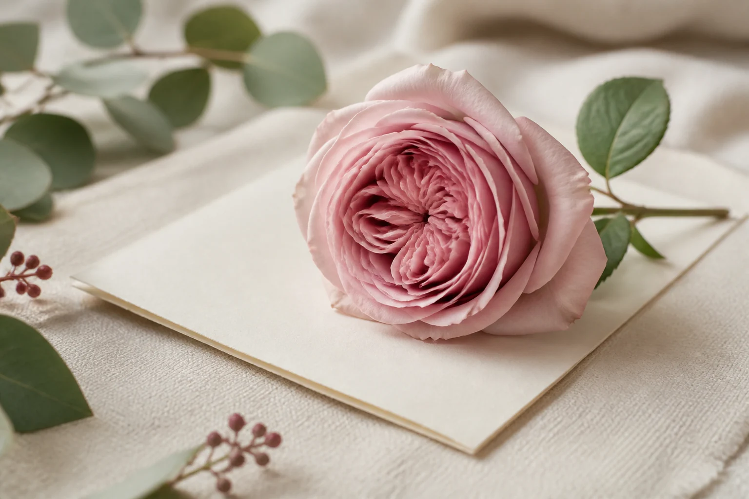 Rose rose posée sur une carte ivoire