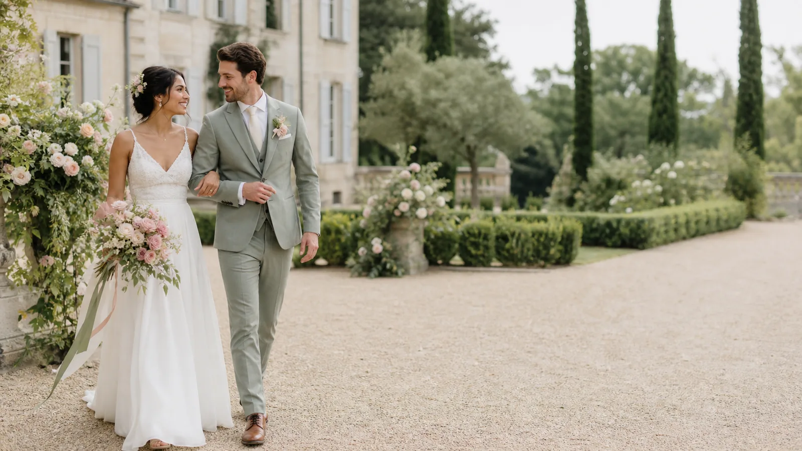 Couple de mariés dans le jardin d'un domaine élégant
